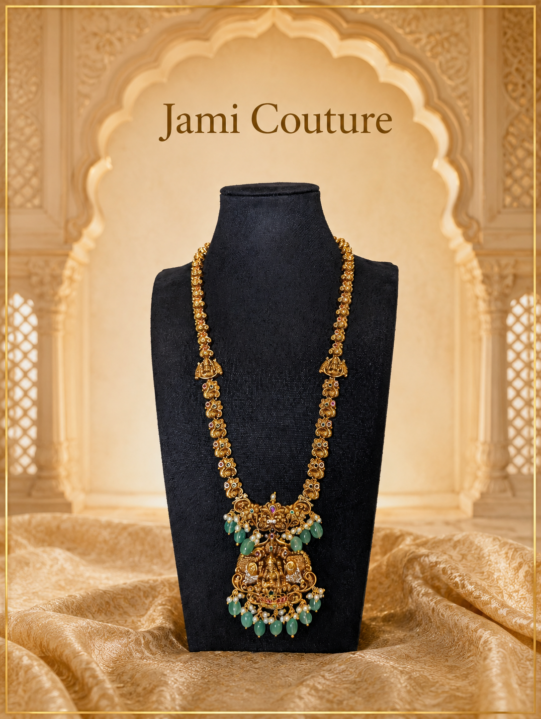 Antique Gold Lakshmi Temple Long Haram Set with Emerald Drops & Matching Jhumkas | Traditional Temple Jewelry
