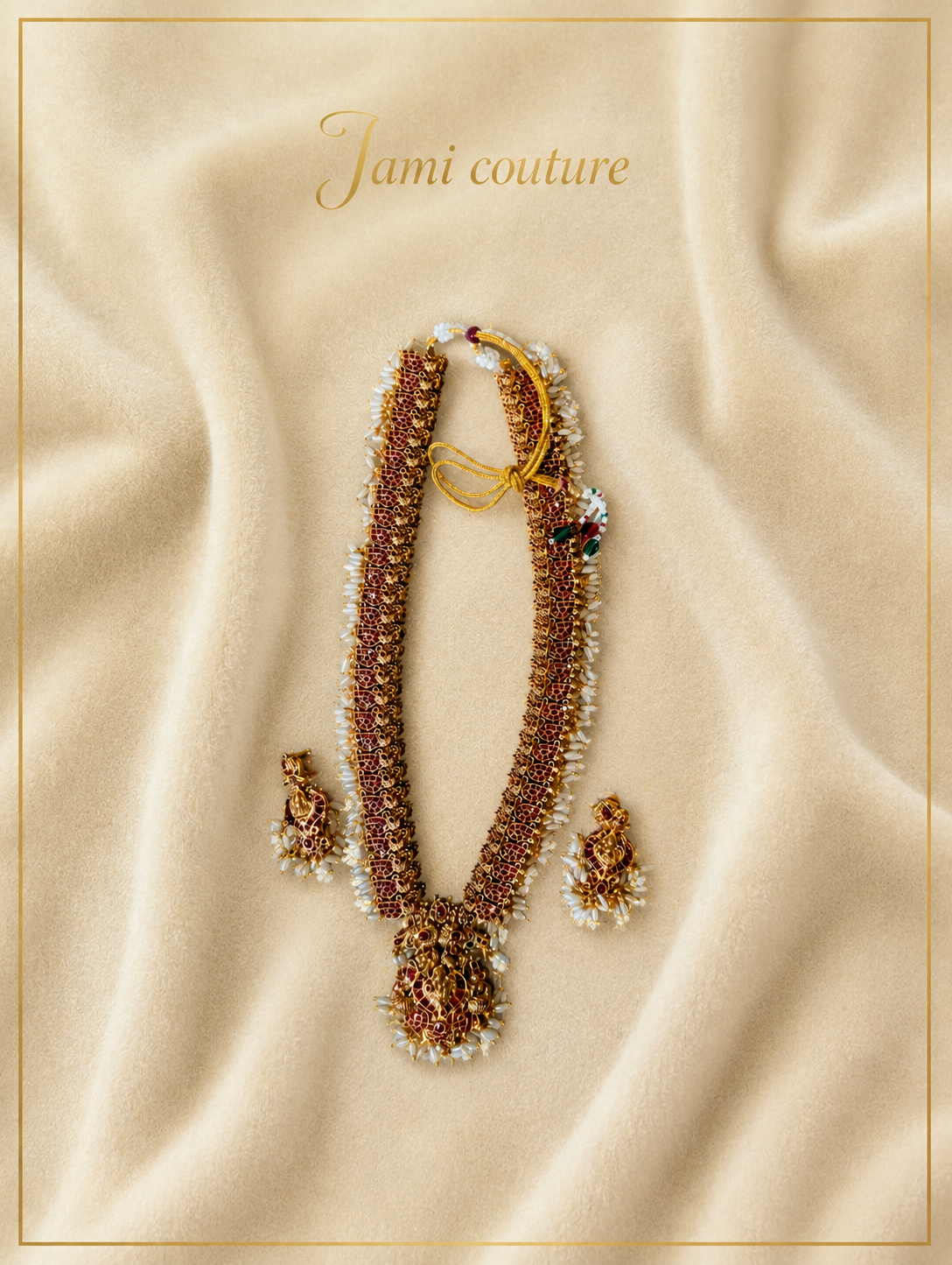 Antique Gold Lakshmi Ruby Temple Long Haram Set with Pearl Drops & Matching Earrings | Traditional Temple Jewelry