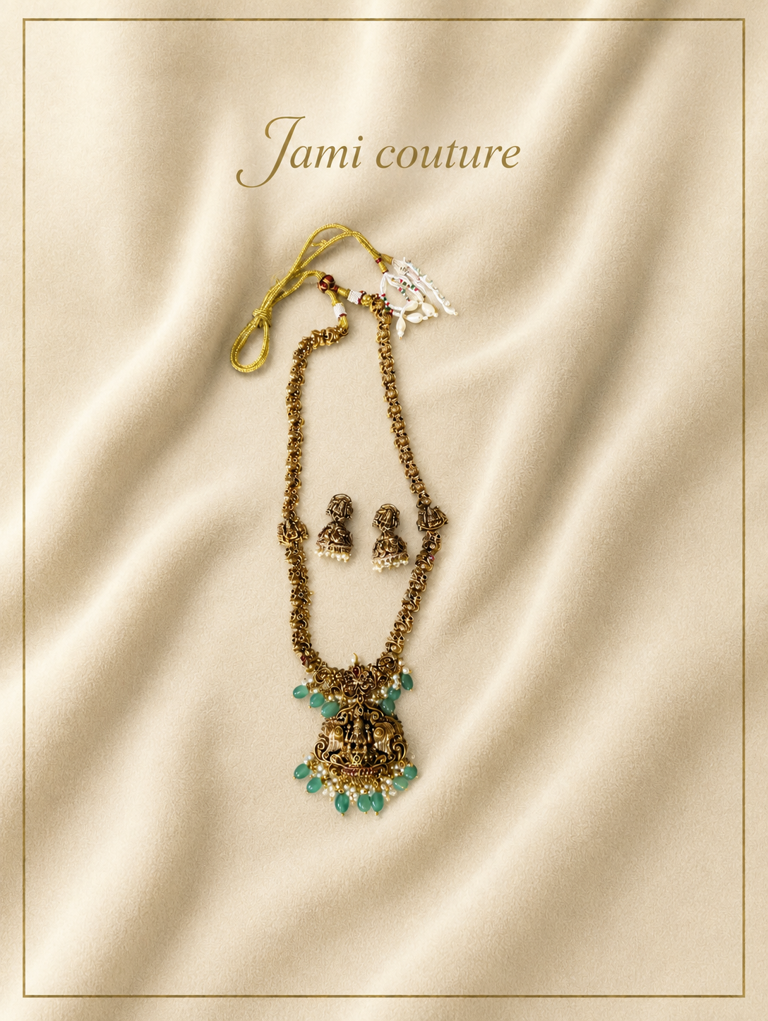 Antique Gold Lakshmi Temple Long Haram Set with Emerald Drops & Matching Jhumkas | Traditional Temple Jewelry
