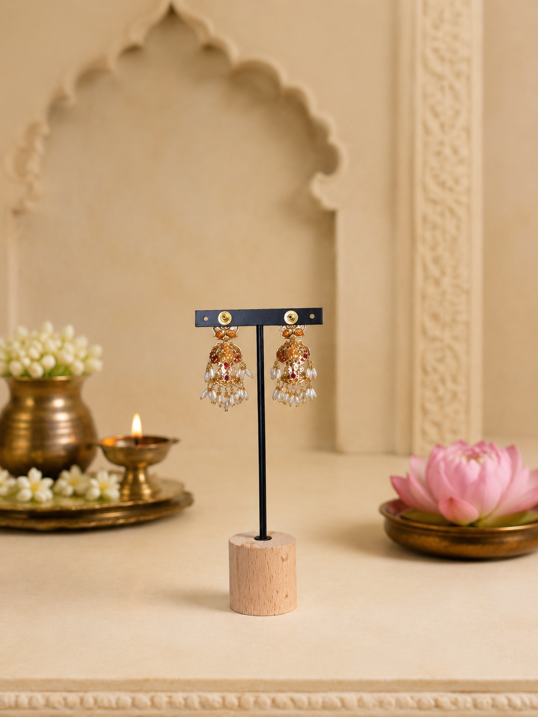 Antique Gold Lakshmi Ruby Temple Long Haram Set with Pearl Drops & Matching Earrings | Traditional Temple Jewelry