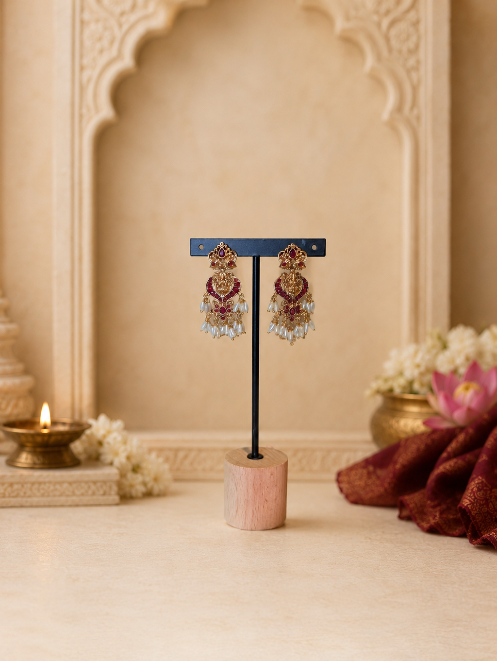 Antique Gold Lakshmi Ruby Temple Long Haram Set with Pearl Drops & Matching Earrings | Traditional Temple Jewelry