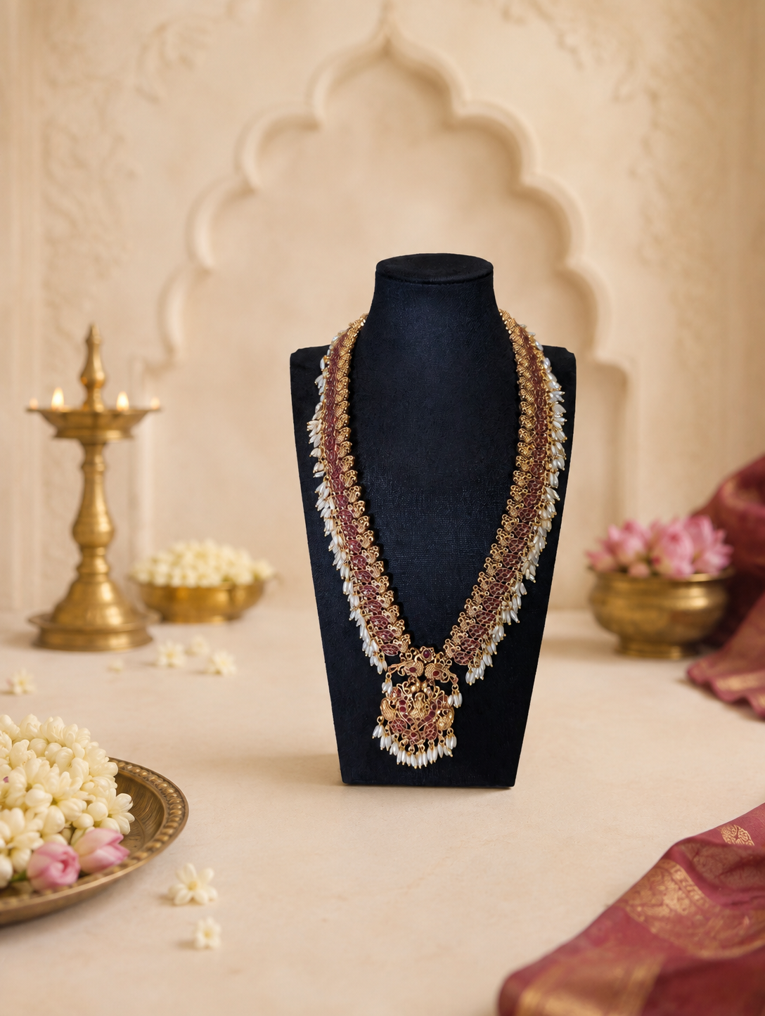 Antique Gold Lakshmi Ruby Temple Long Haram Set with Pearl Drops & Matching Earrings | Traditional Temple Jewelry