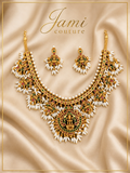 Antique Gold Lakshmi Temple Necklace Set with Ruby, Emerald & Pearl Drops | Traditional Temple Jewelry
