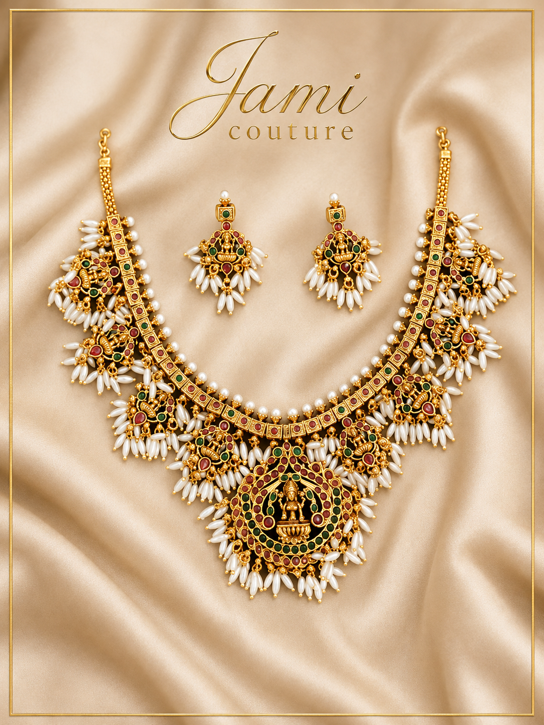 Antique Gold Lakshmi Temple Necklace Set with Ruby, Emerald & Pearl Drops | Traditional Temple Jewelry