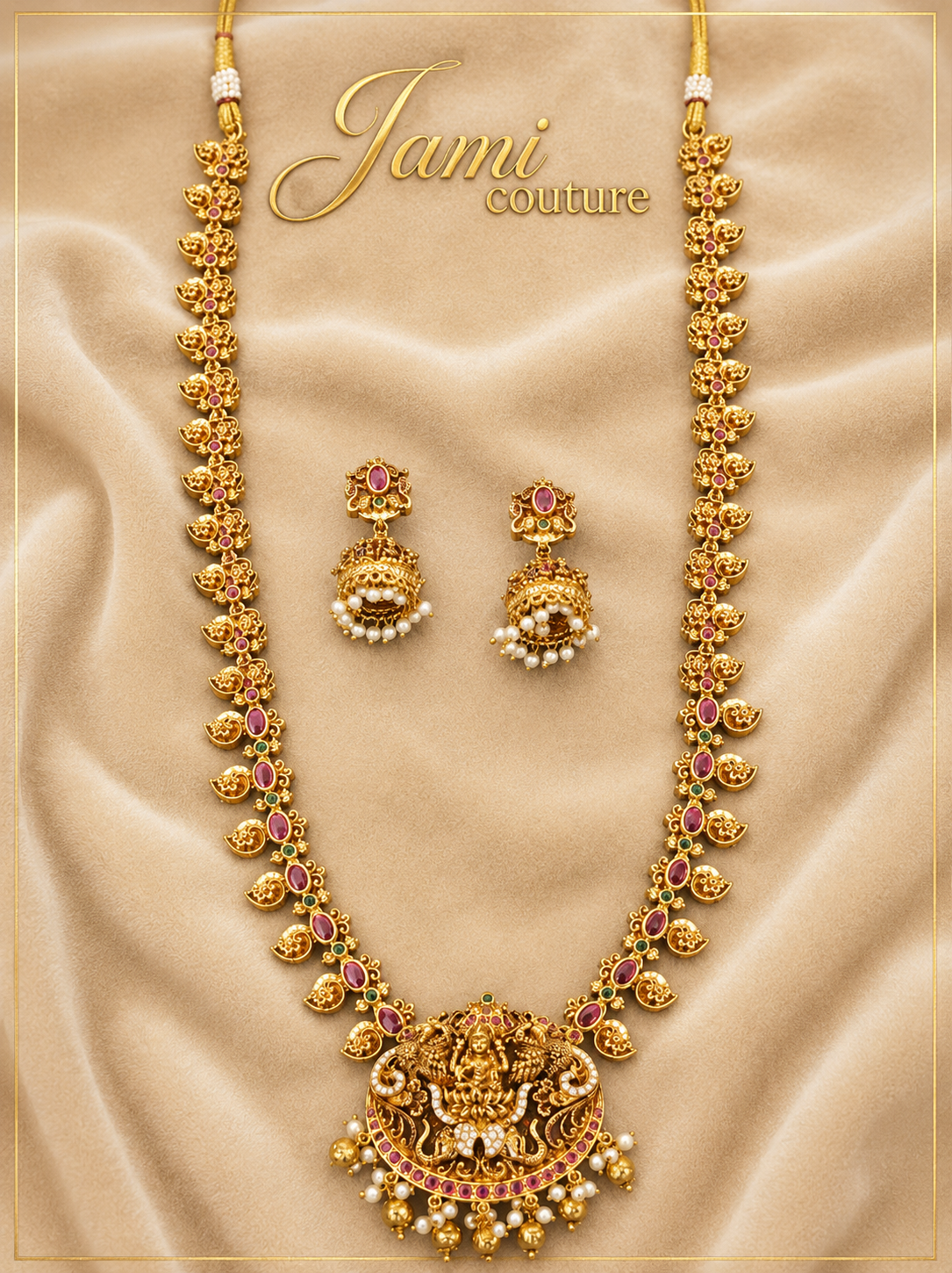 Antique Gold Lakshmi Mango Temple Long Haram Set with Ruby & Emerald Stones & Matching Jhumkas | Traditional Temple Jewelry