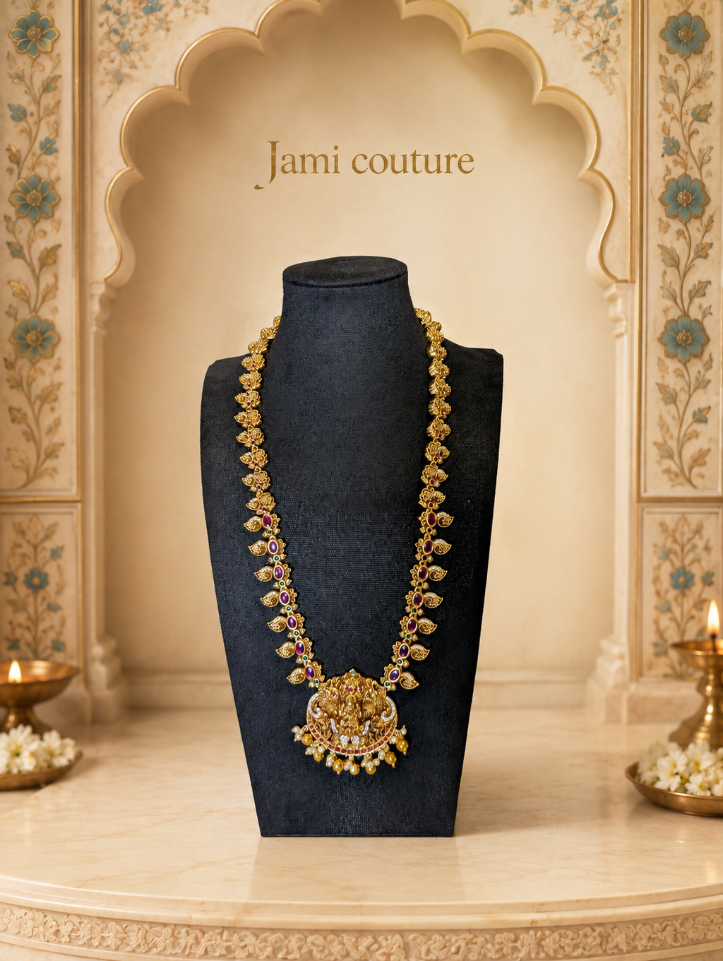 Antique Gold Lakshmi Mango Temple Long Haram Set with Ruby & Emerald Stones & Matching Jhumkas | Traditional Temple Jewelry
