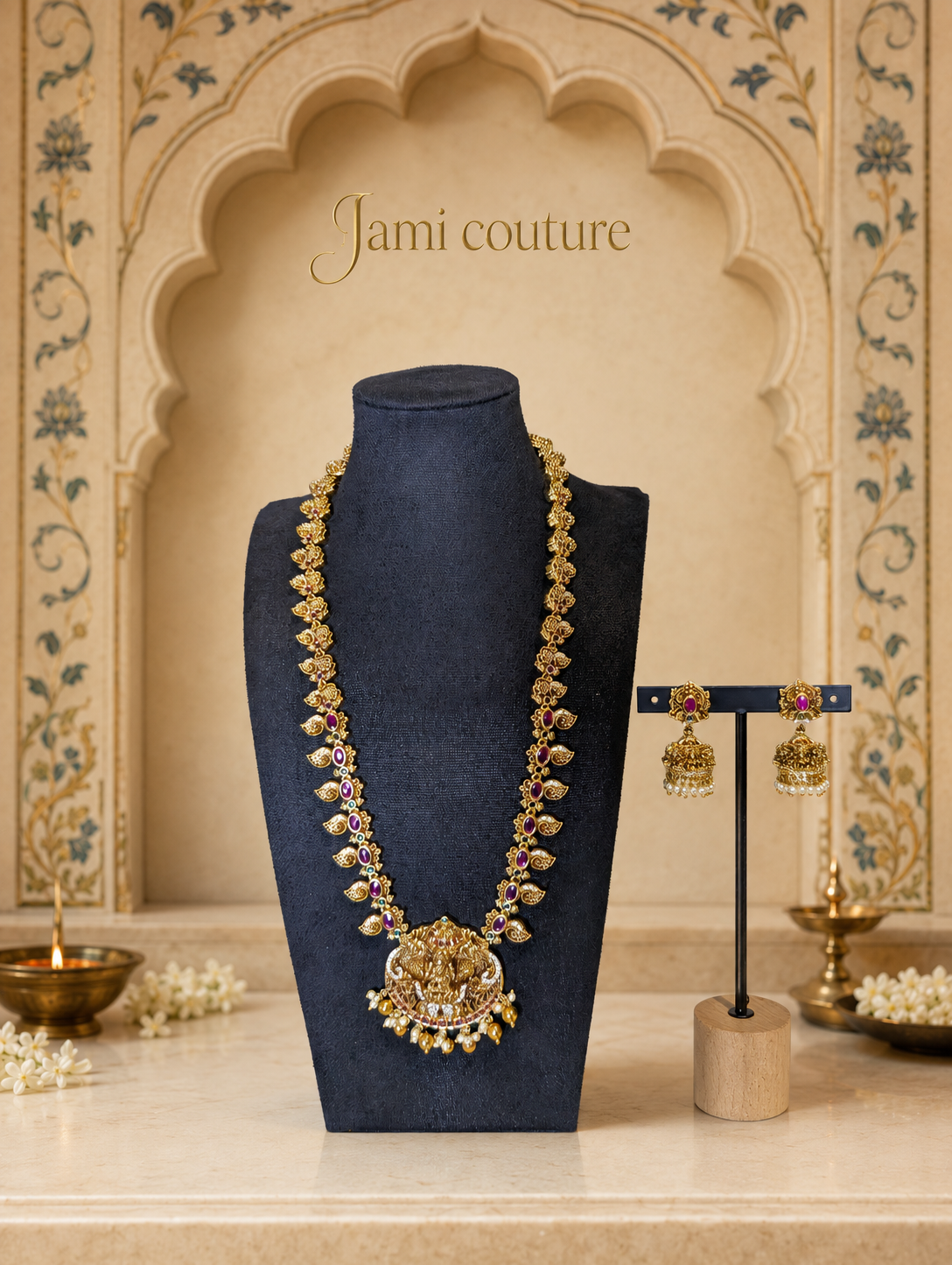 Antique Gold Lakshmi Mango Temple Long Haram Set with Ruby & Emerald Stones & Matching Jhumkas | Traditional Temple Jewelry