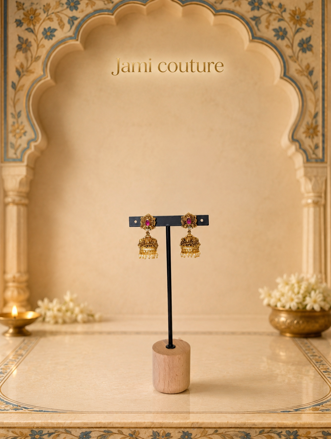 Antique Gold Lakshmi Mango Temple Long Haram Set with Ruby & Emerald Stones & Matching Jhumkas | Traditional Temple Jewelry