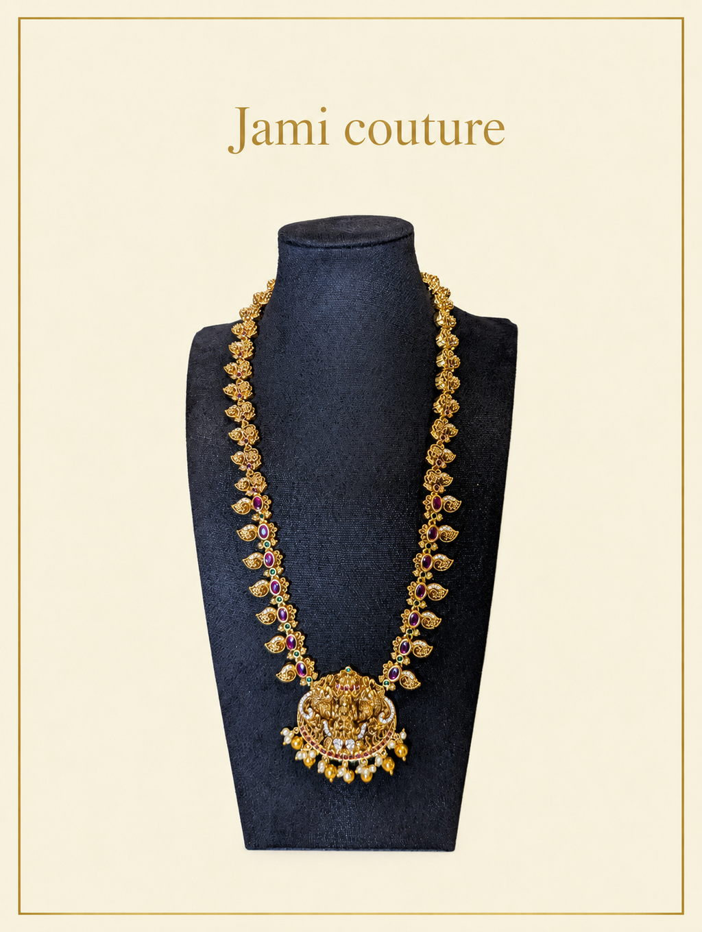Antique Gold Lakshmi Mango Temple Long Haram Set with Ruby & Emerald Stones & Matching Jhumkas | Traditional Temple Jewelry