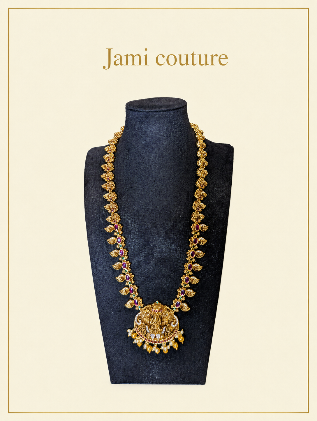 Antique Gold Lakshmi Mango Temple Long Haram Set with Ruby & Emerald Stones & Matching Jhumkas | Traditional Temple Jewelry