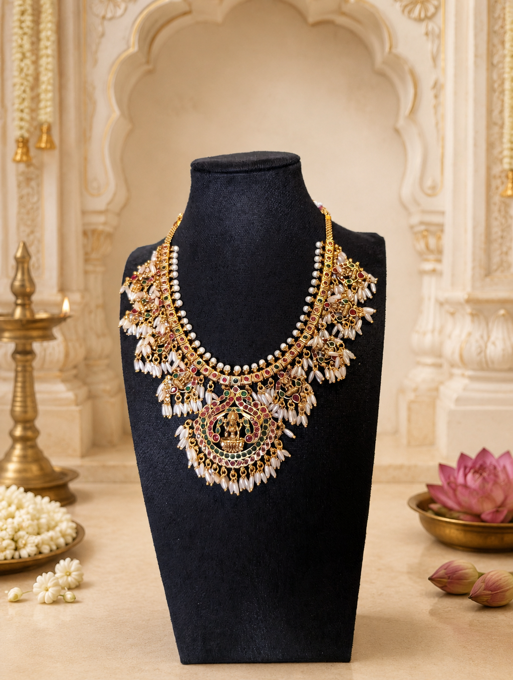 Antique Gold Lakshmi Temple Necklace Set with Ruby, Emerald & Pearl Drops | Traditional Temple Jewelry