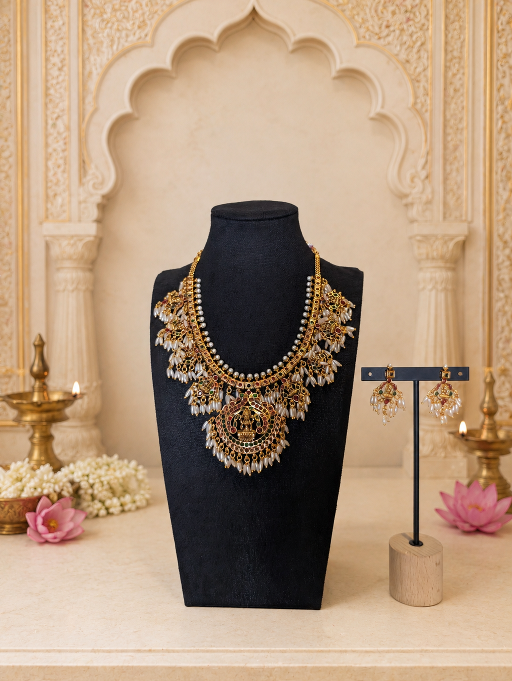Antique Gold Lakshmi Temple Necklace Set with Ruby, Emerald & Pearl Drops | Traditional Temple Jewelry