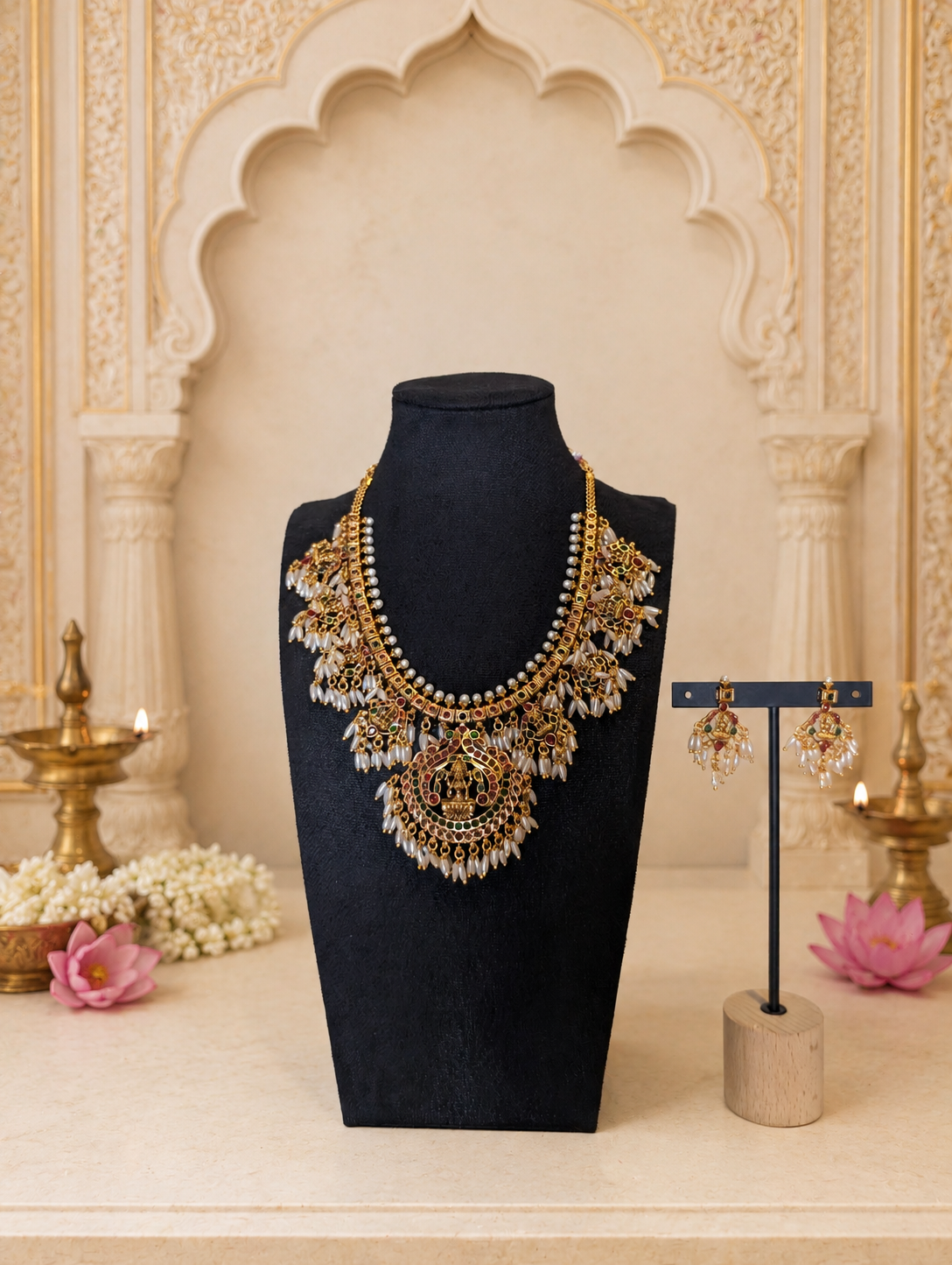 Antique Gold Lakshmi Temple Necklace Set with Ruby, Emerald & Pearl Drops | Traditional Temple Jewelry