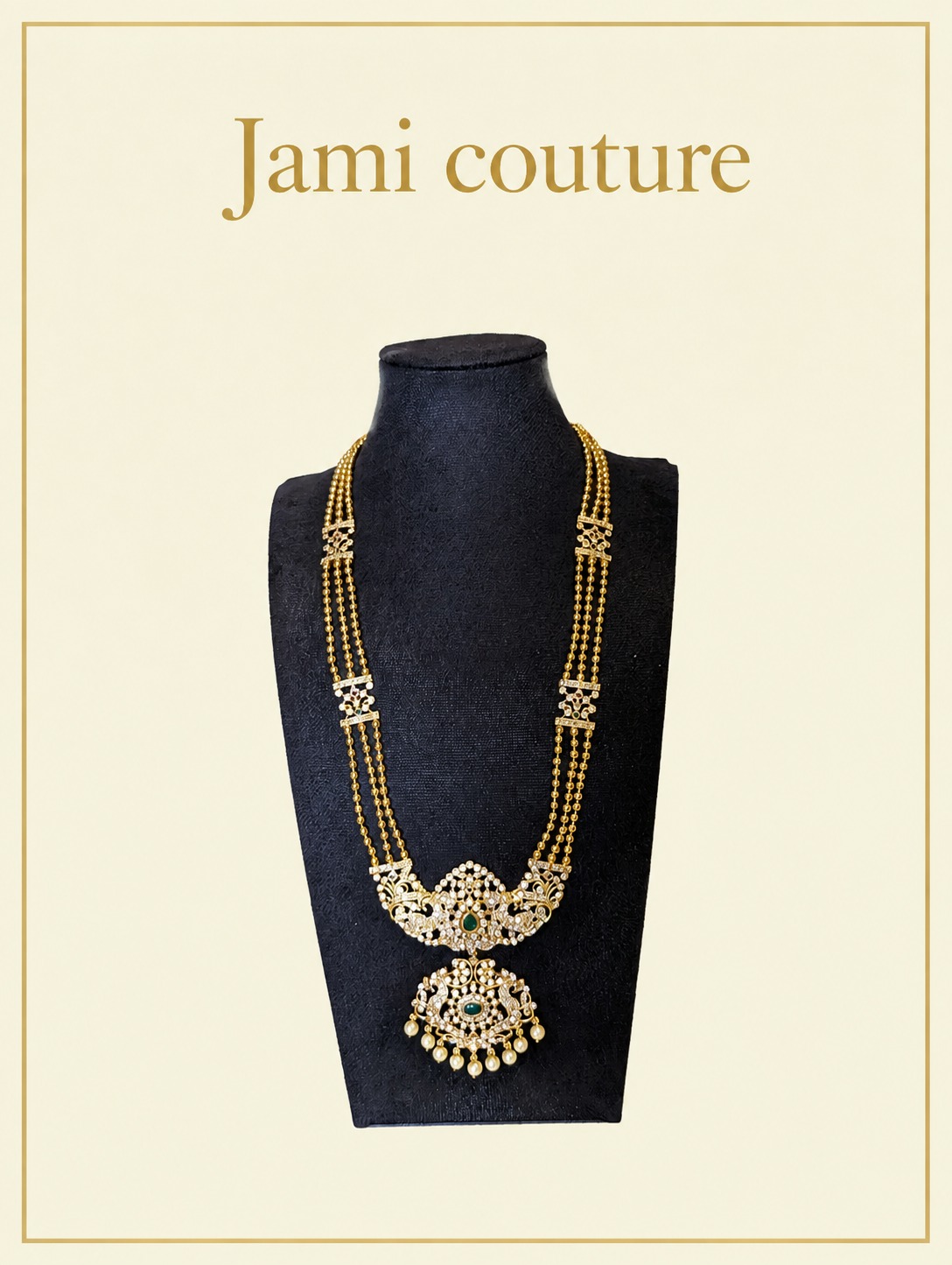 Full length of the antique gold multi-layered chain necklace on a navy bust