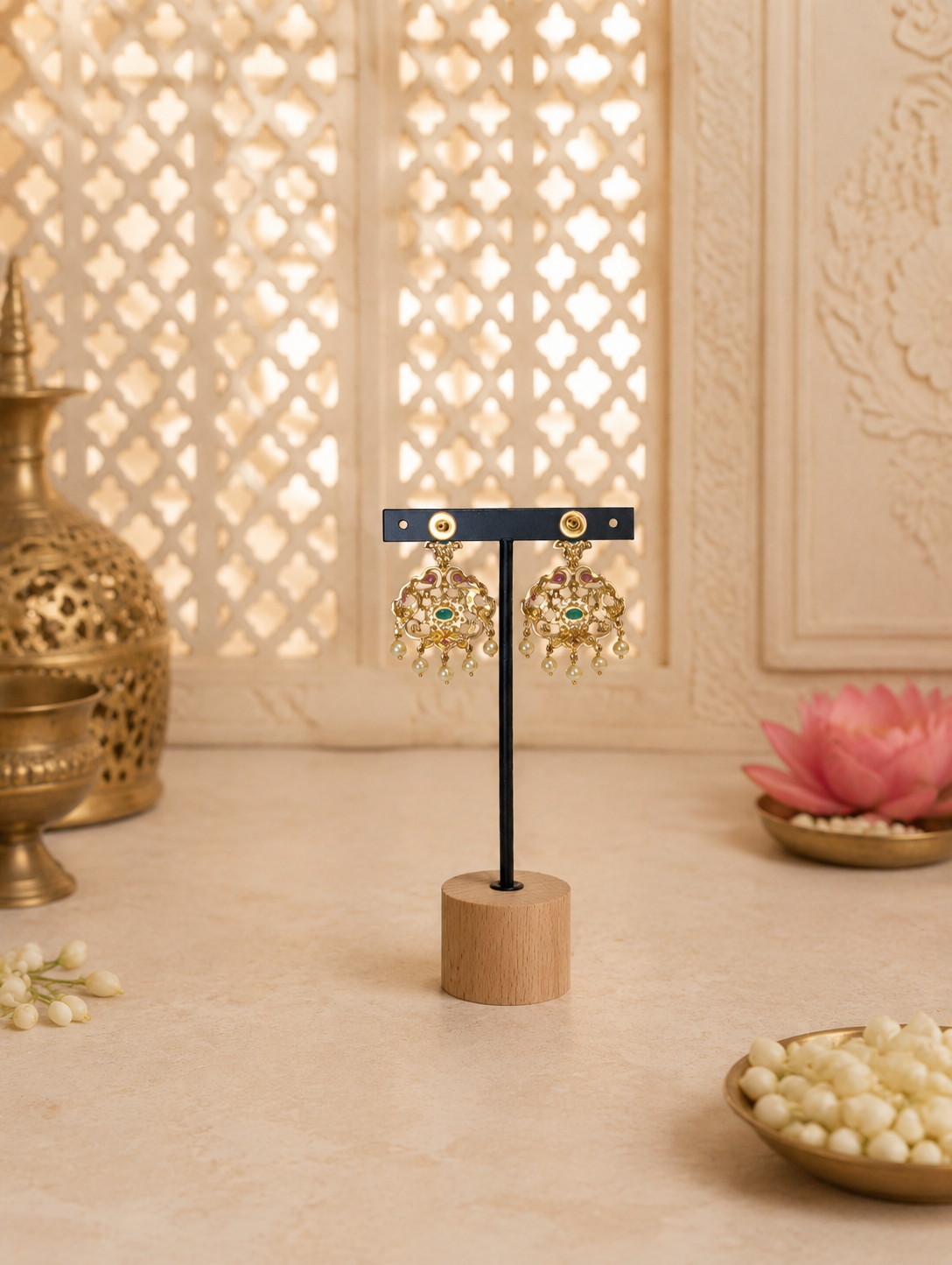 Close view of the multi-layered chain set's earrings on a stand