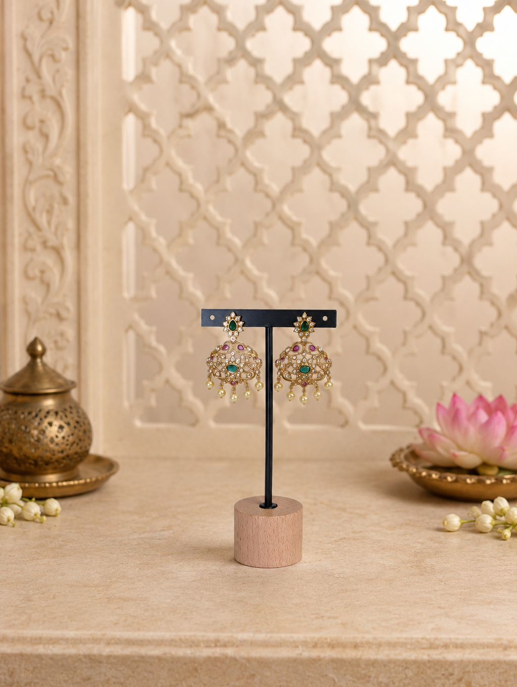 Matching jhumka earrings from the multi-layered chain set, on a stand