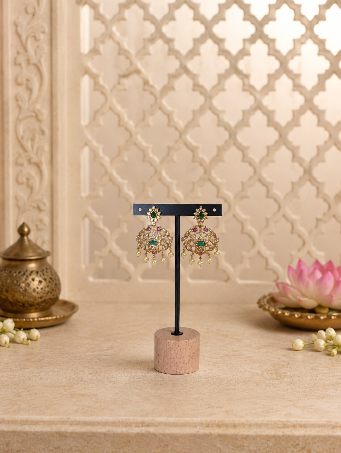 Matching jhumka earrings from the multi-layered chain set, on a stand