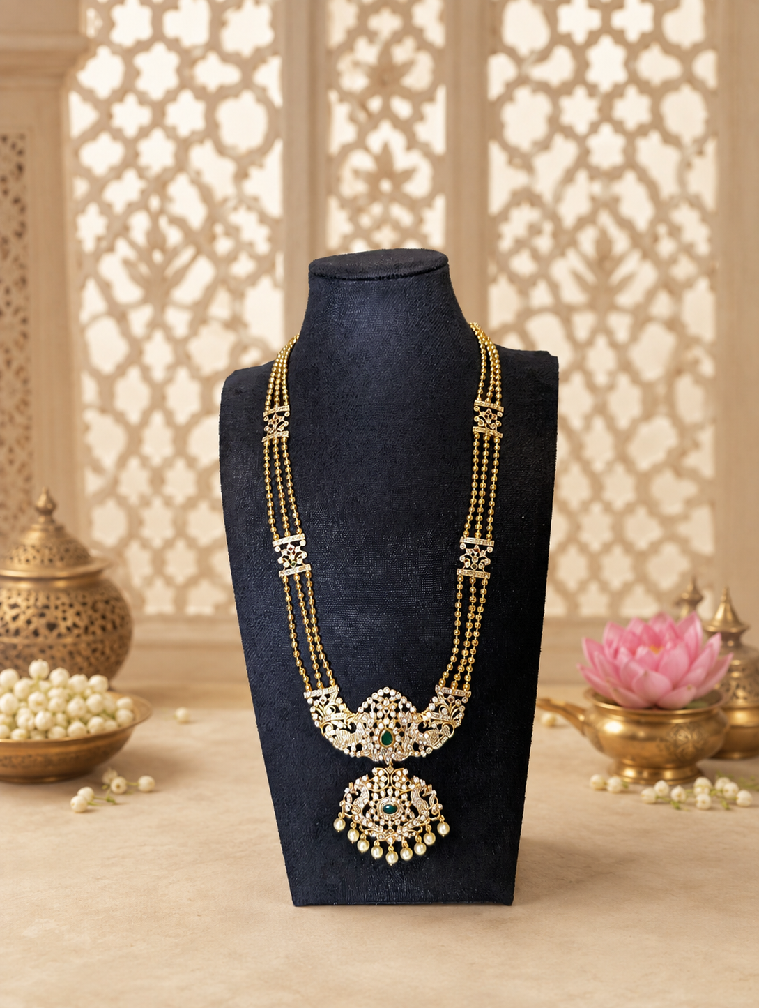 Antique gold multi-layered chain necklace with a pendant on a black bust