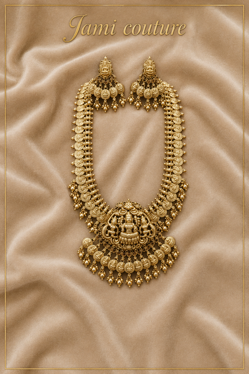 Antique Gold Lakshmi Grand Temple Haram Set with Kasu Coins & Matching Jhumkas | Traditional Temple Jewelry