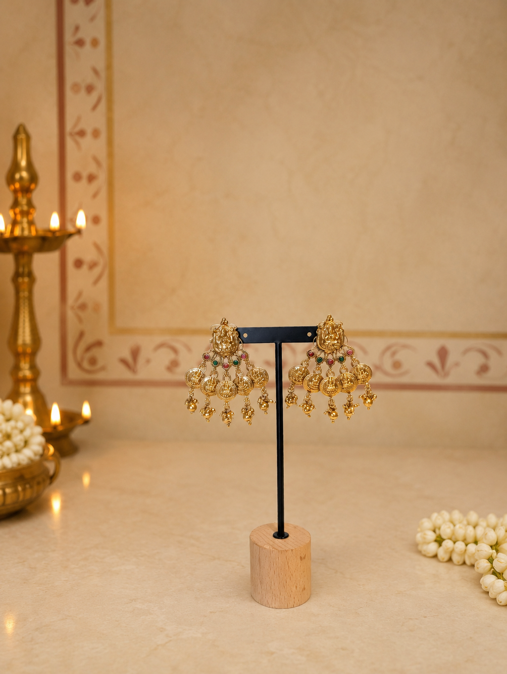 Antique Gold Lakshmi Grand Temple Haram Set with Kasu Coins & Matching Jhumkas | Traditional Temple Jewelry