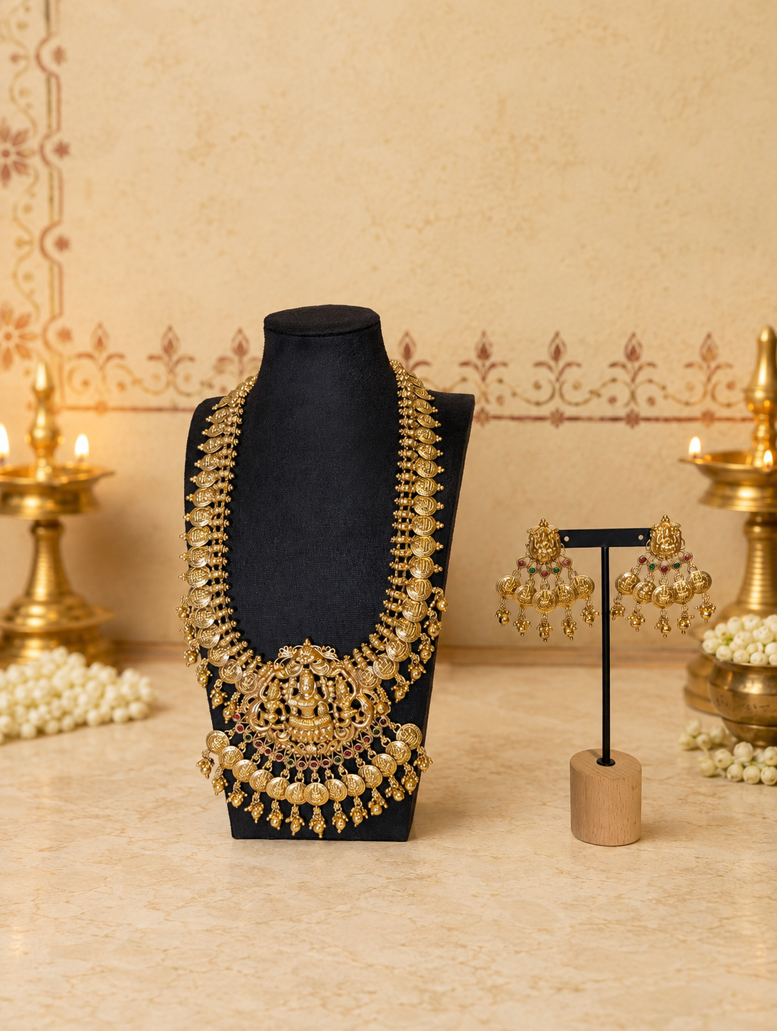 Antique Gold Lakshmi Grand Temple Haram Set with Kasu Coins & Matching Jhumkas | Traditional Temple Jewelry