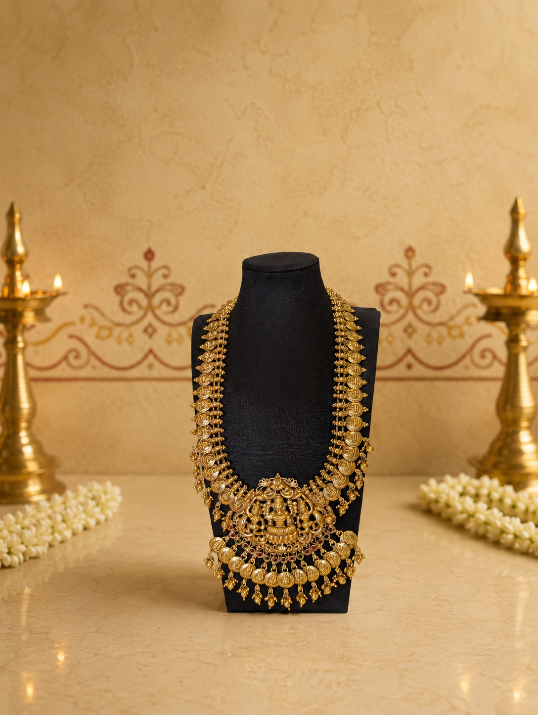 Antique Gold Lakshmi Grand Temple Haram Set with Kasu Coins & Matching Jhumkas | Traditional Temple Jewelry