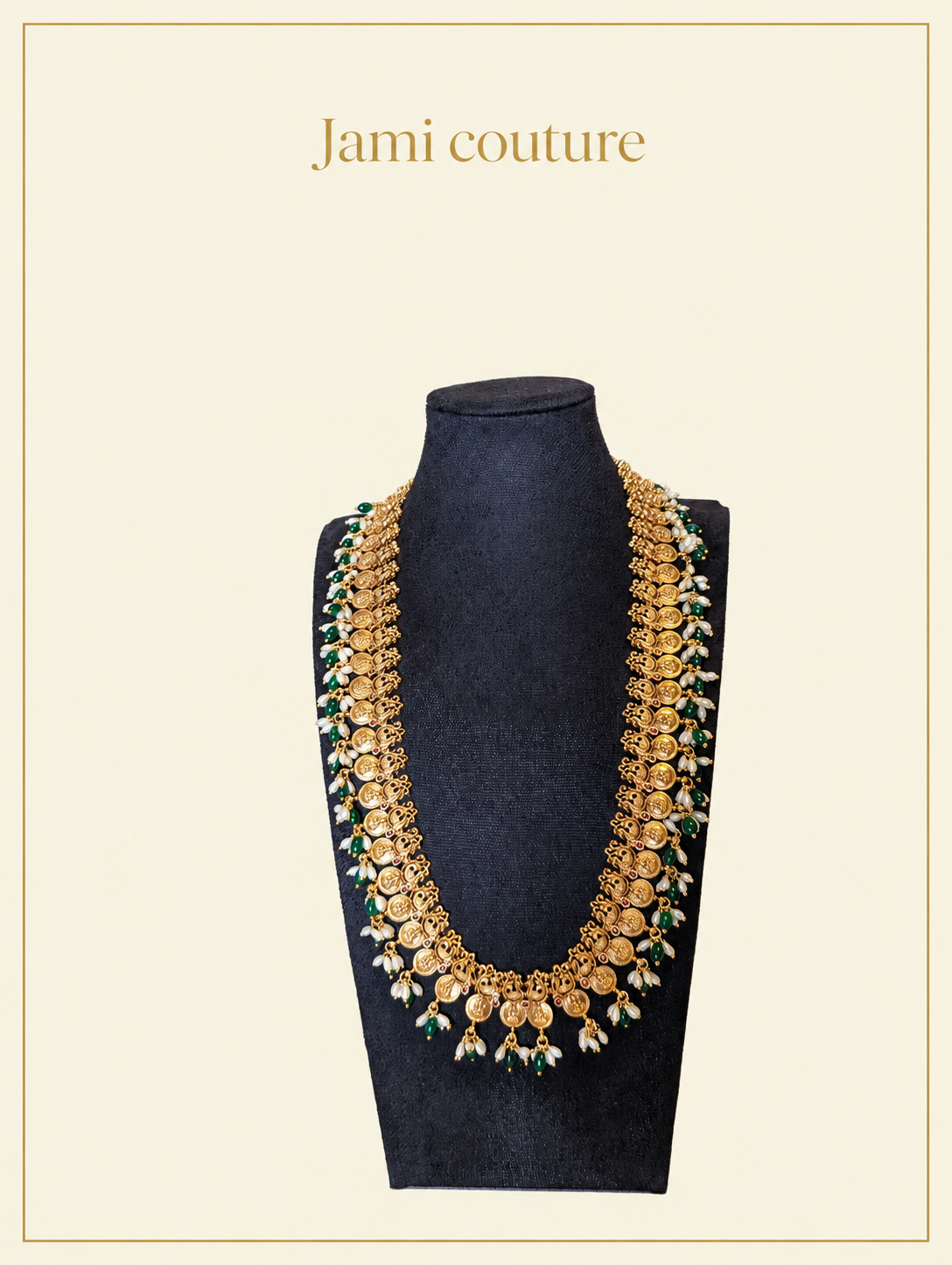 Antique Gold Lakshmi Kasu Long Haram Set with Emerald & Pearl Drops & Matching Earrings | Traditional Temple Jewelry