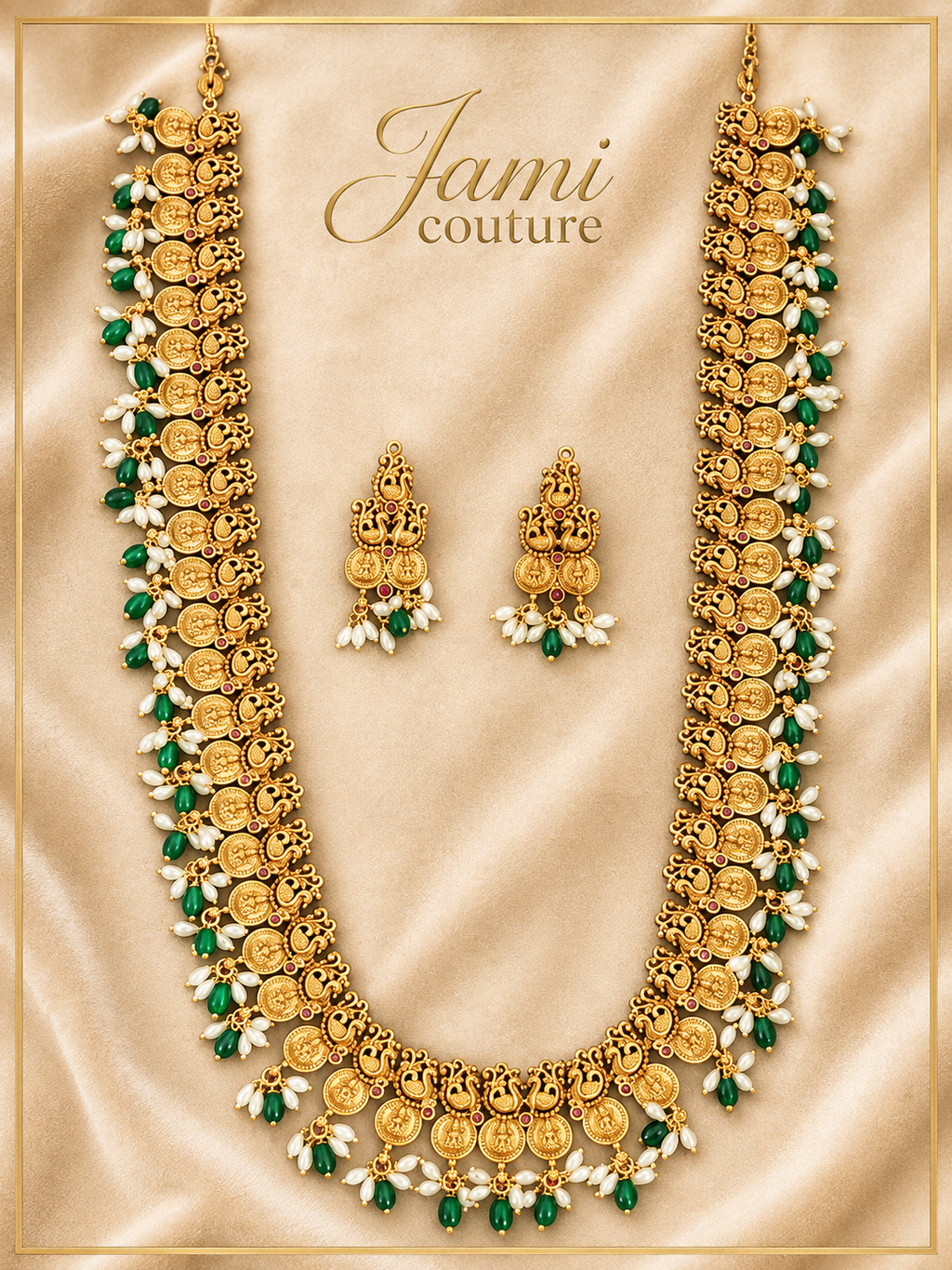 Antique Gold Lakshmi Kasu Long Haram Set with Emerald & Pearl Drops & Matching Earrings | Traditional Temple Jewelry