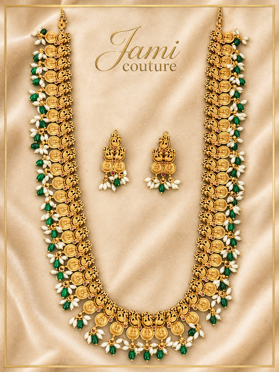 Antique Gold Lakshmi Kasu Long Haram Set with Emerald & Pearl Drops & Matching Earrings | Traditional Temple Jewelry