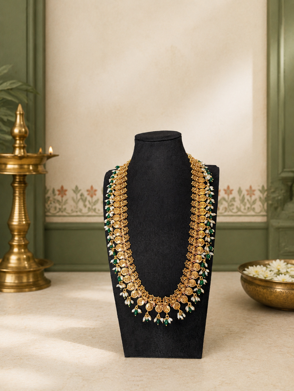 Antique Gold Lakshmi Kasu Long Haram Set with Emerald & Pearl Drops & Matching Earrings | Traditional Temple Jewelry