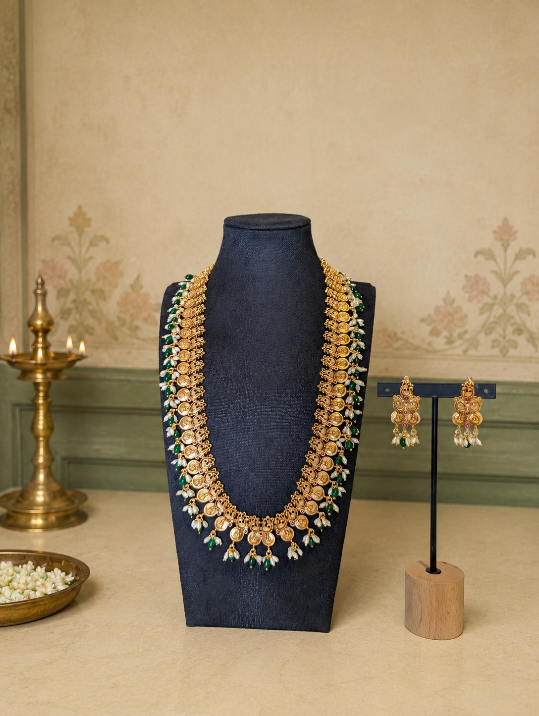 Antique Gold Lakshmi Kasu Long Haram Set with Emerald & Pearl Drops & Matching Earrings | Traditional Temple Jewelry
