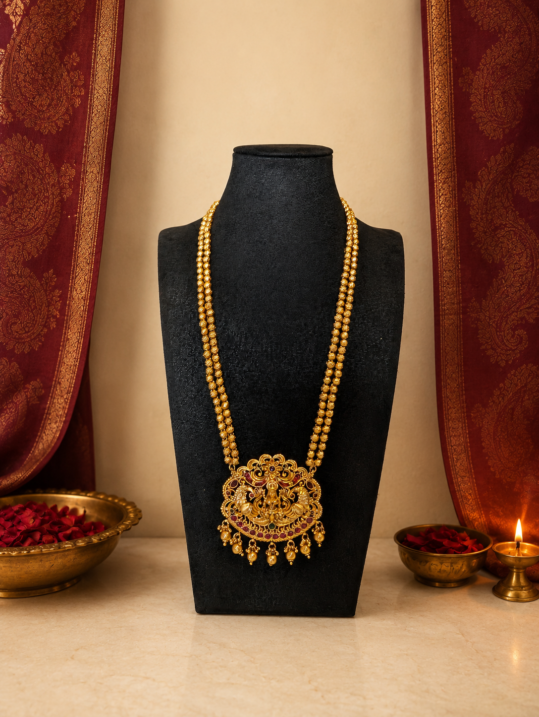 High gold Lakshmi temple pendant long haram on a black bust against red silk