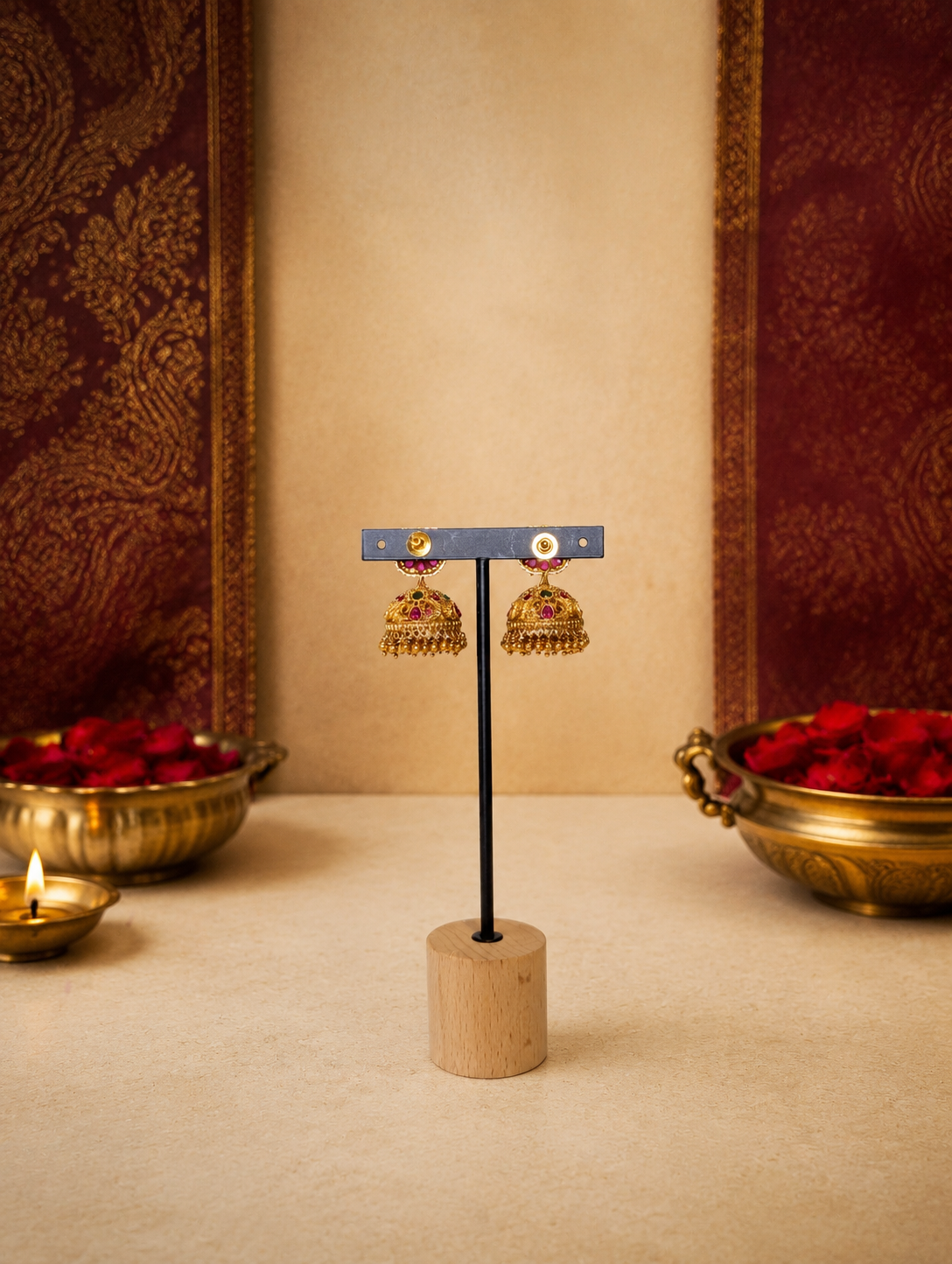 Close view of the temple haram set's jhumka earrings on a stand