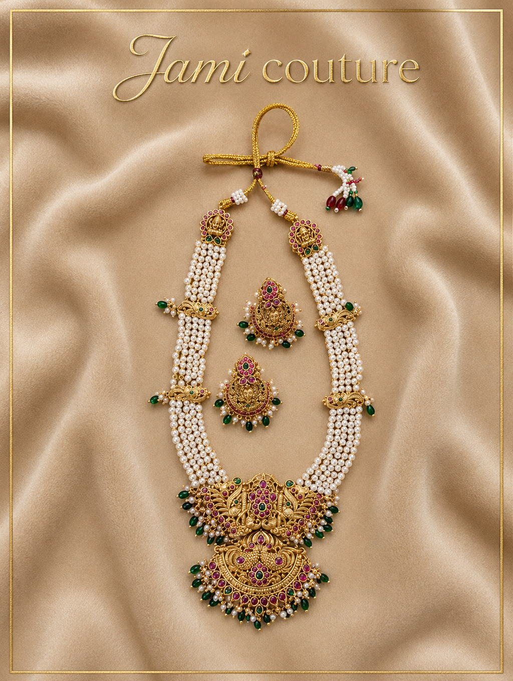 Antique Gold Pearl Temple Long Haram Set with Ruby, Emerald & Green Bead Drops & Matching Jhumkas | Traditional Temple Jewelry