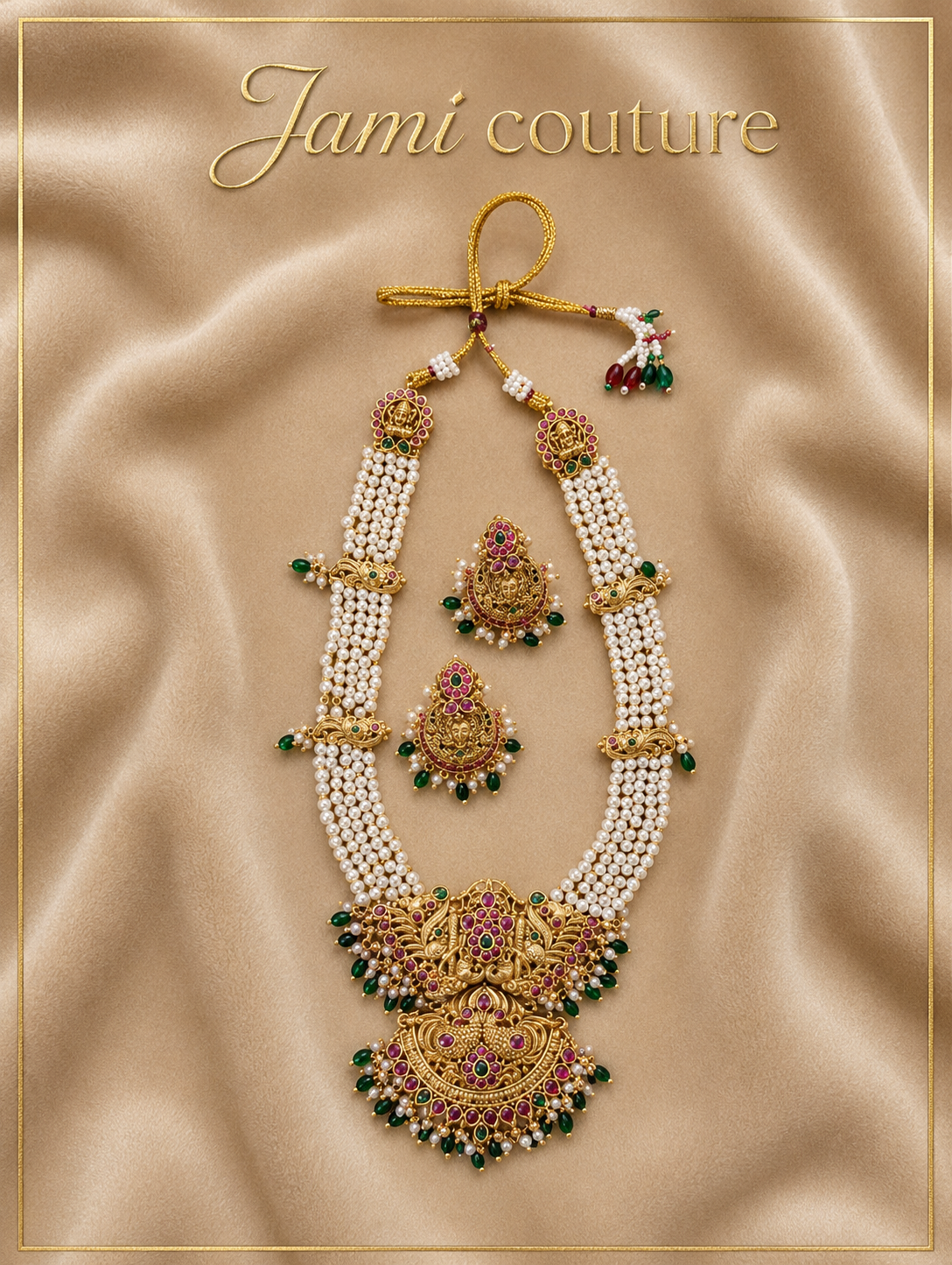 Antique Gold Pearl Temple Long Haram Set with Ruby, Emerald & Green Bead Drops & Matching Jhumkas | Traditional Temple Jewelry