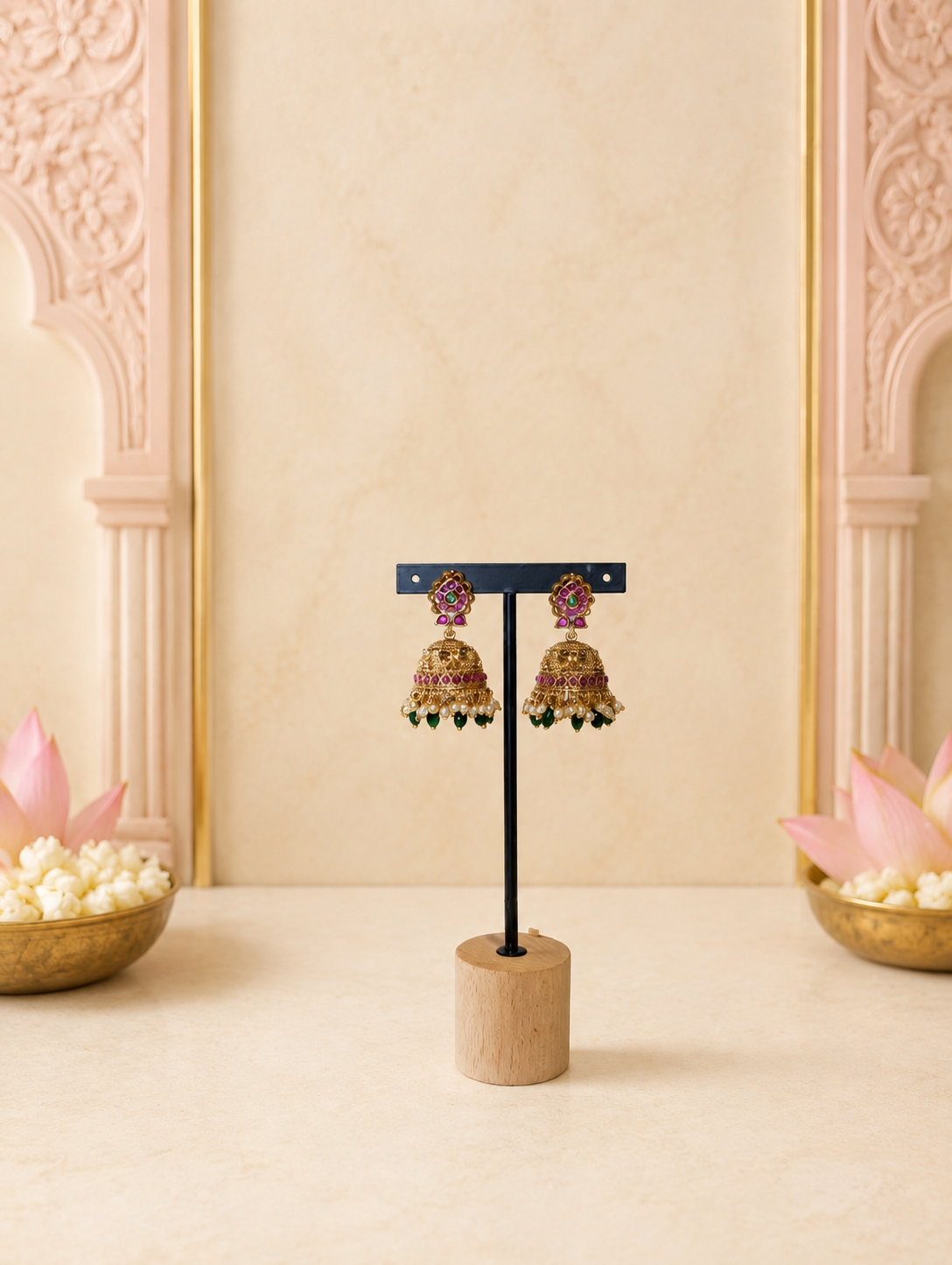 Antique Gold Pearl Temple Long Haram Set with Ruby, Emerald & Green Bead Drops & Matching Jhumkas | Traditional Temple Jewelry