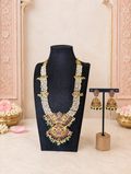 Antique Gold Pearl Temple Long Haram Set with Ruby, Emerald & Green Bead Drops & Matching Jhumkas | Traditional Temple Jewelry