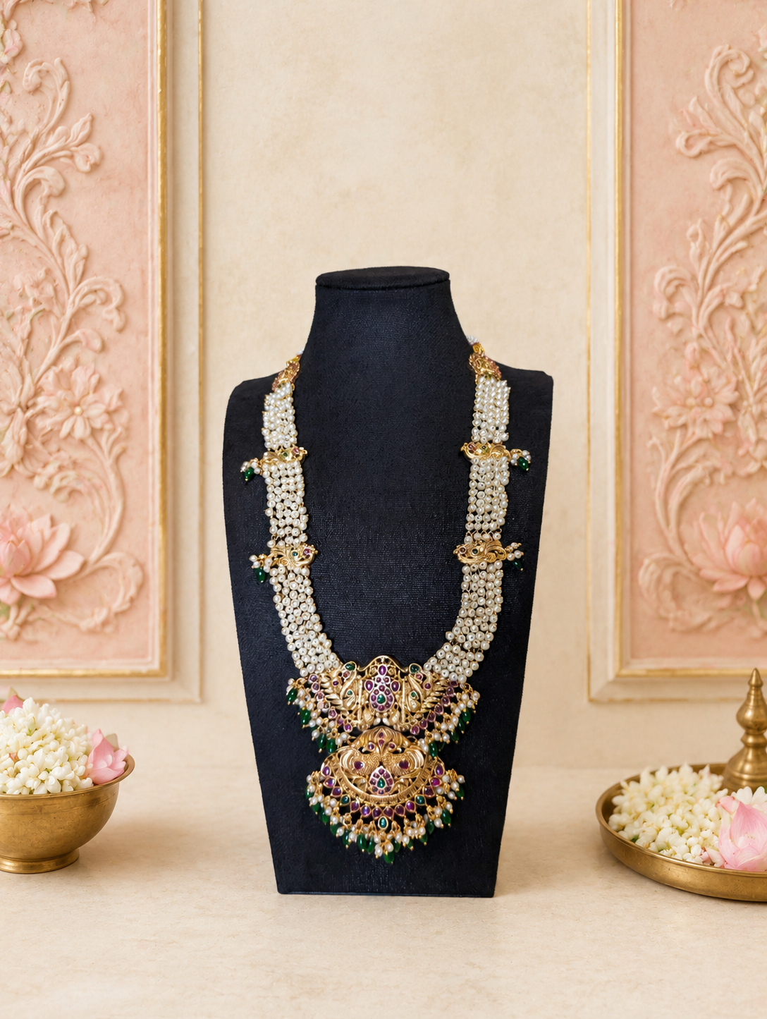 Antique Gold Pearl Temple Long Haram Set with Ruby, Emerald & Green Bead Drops & Matching Jhumkas | Traditional Temple Jewelry