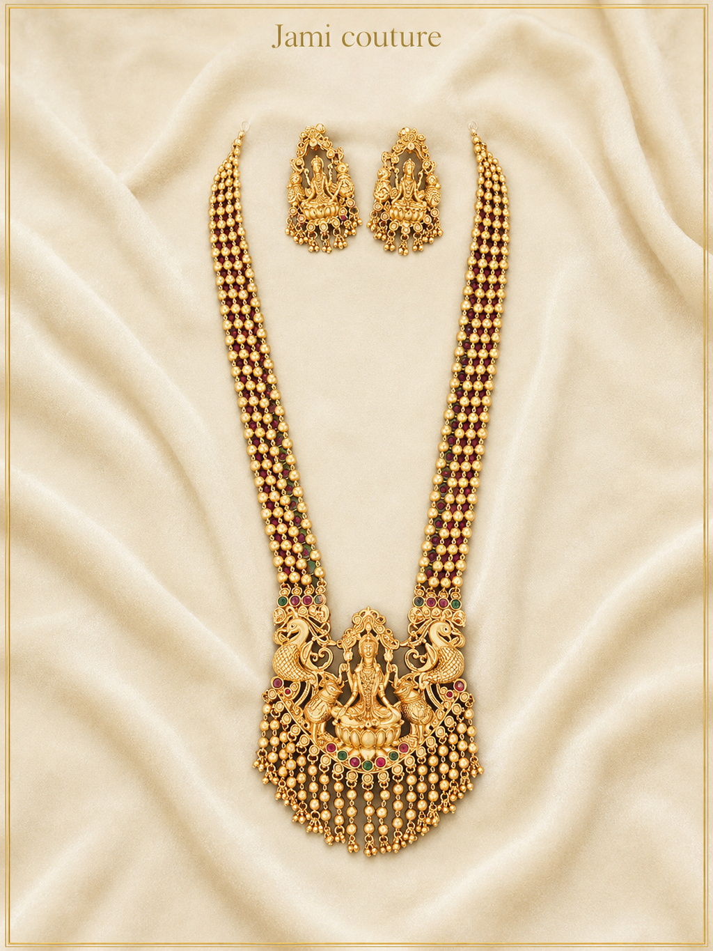 Antique Gold Lakshmi Peacock Multi-Strand Temple Long Haram Set with Gold Bead Drops & Matching Earrings | Traditional Temple Jewelry