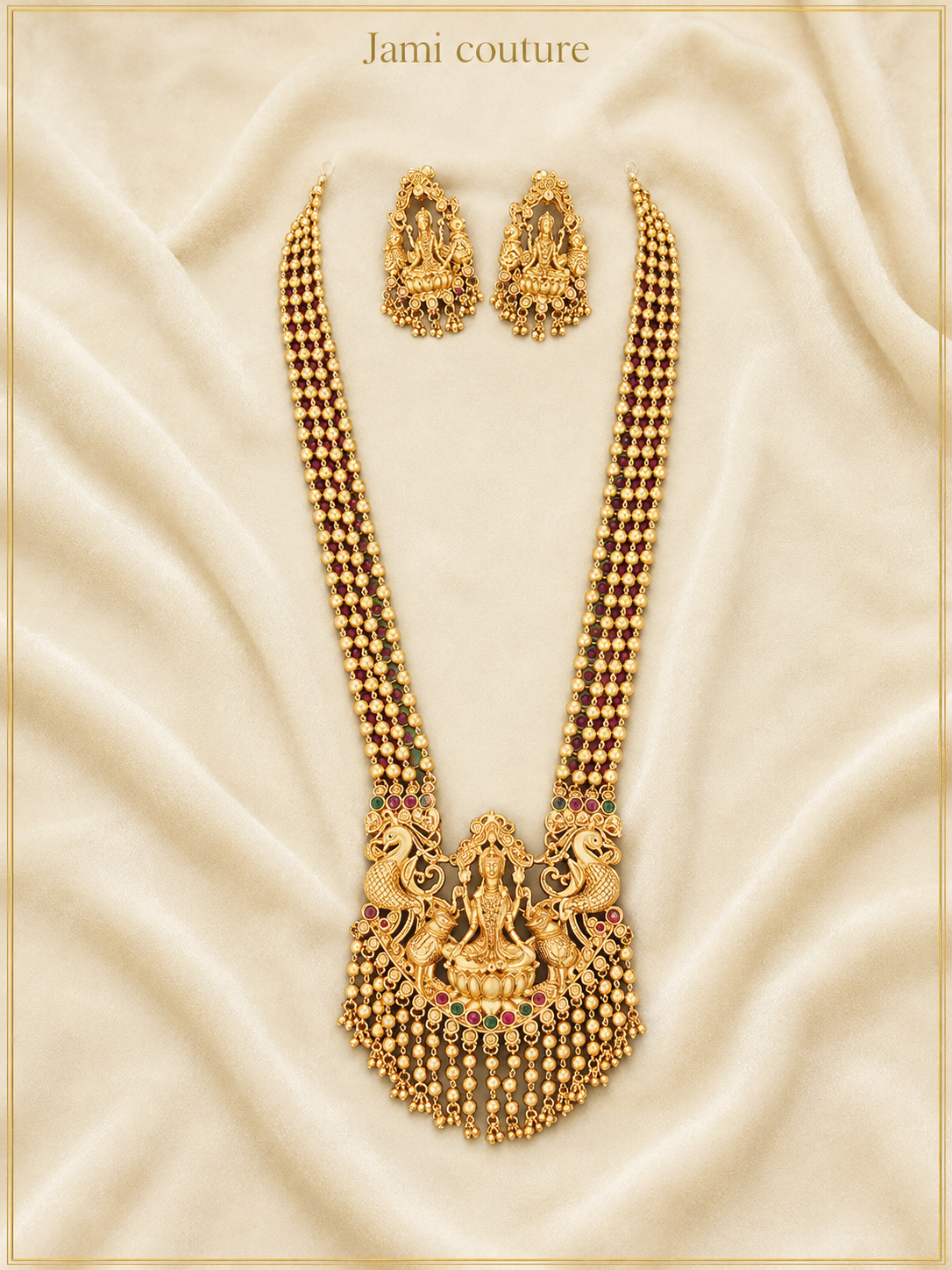 Antique Gold Lakshmi Peacock Multi-Strand Temple Long Haram Set with Gold Bead Drops & Matching Earrings | Traditional Temple Jewelry