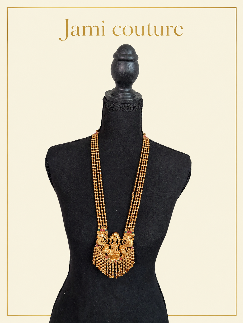 Antique Gold Lakshmi Peacock Multi-Strand Temple Long Haram Set with Gold Bead Drops & Matching Earrings | Traditional Temple Jewelry