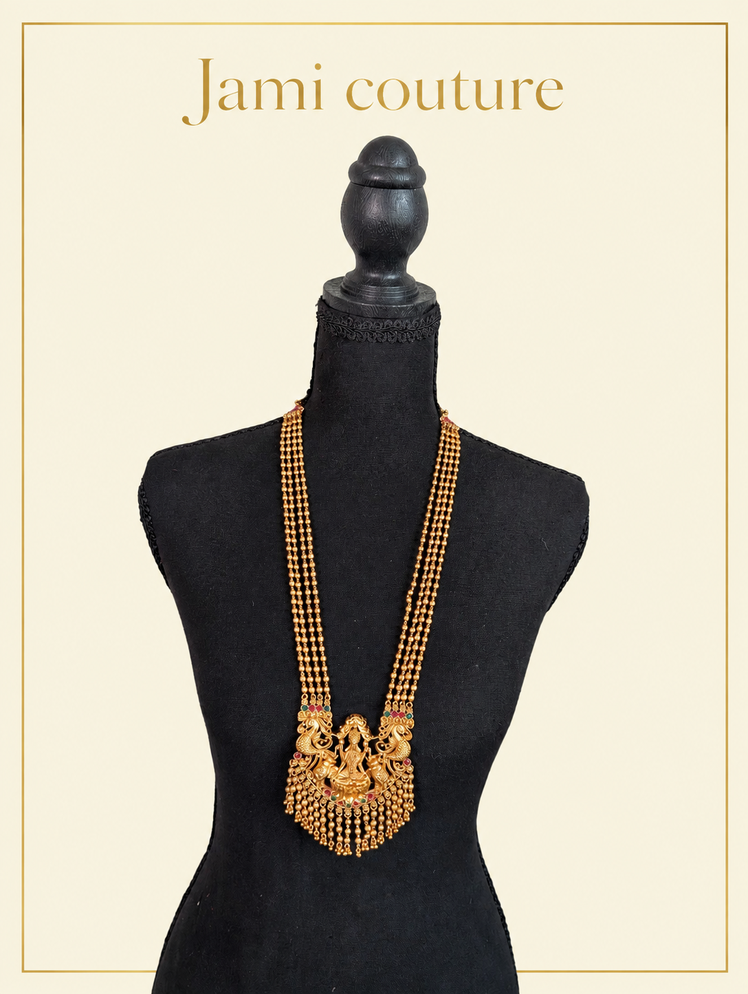 Antique Gold Lakshmi Peacock Multi-Strand Temple Long Haram Set with Gold Bead Drops & Matching Earrings | Traditional Temple Jewelry