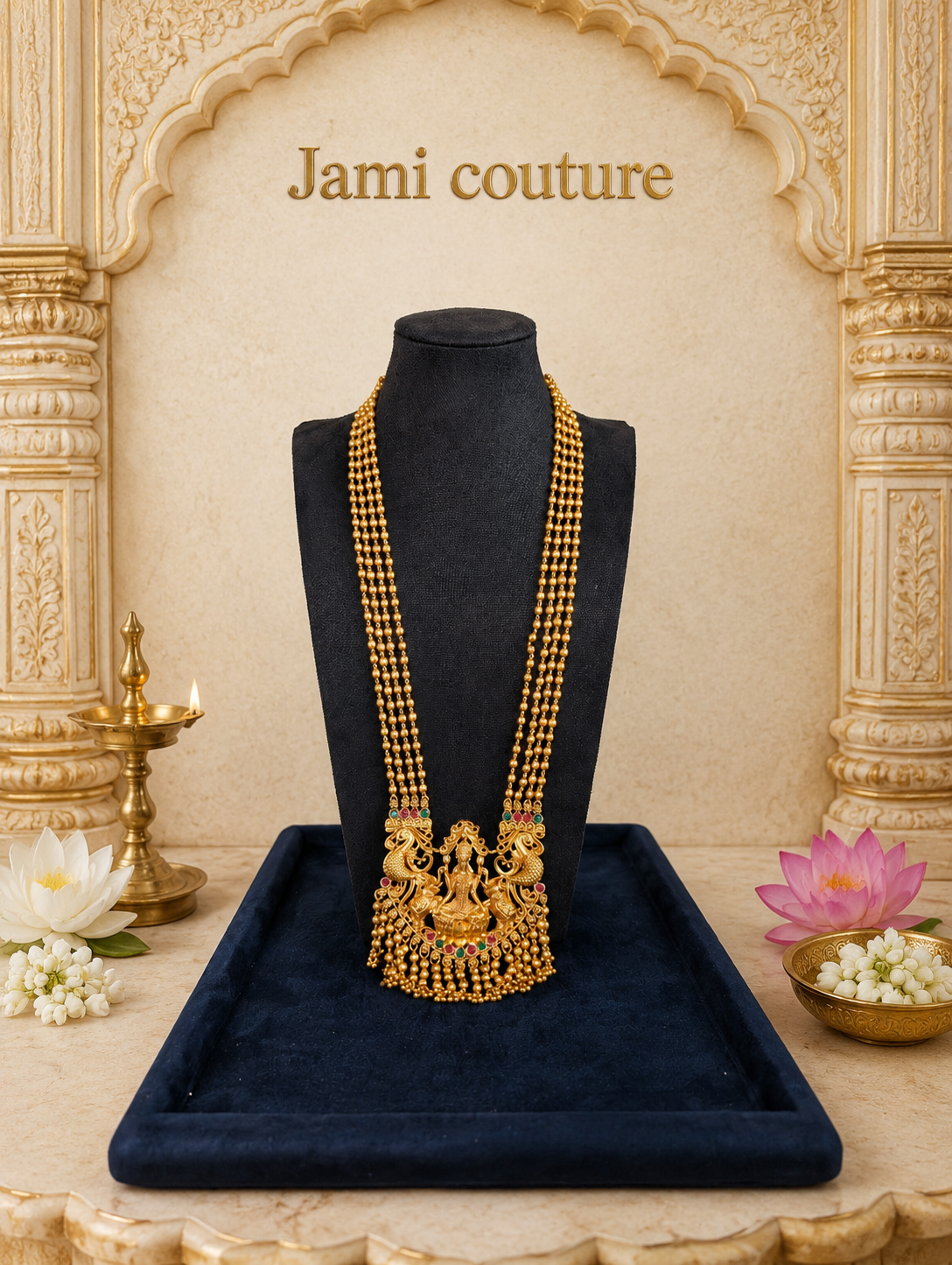 Antique Gold Lakshmi Peacock Multi-Strand Temple Long Haram Set with Gold Bead Drops & Matching Earrings | Traditional Temple Jewelry
