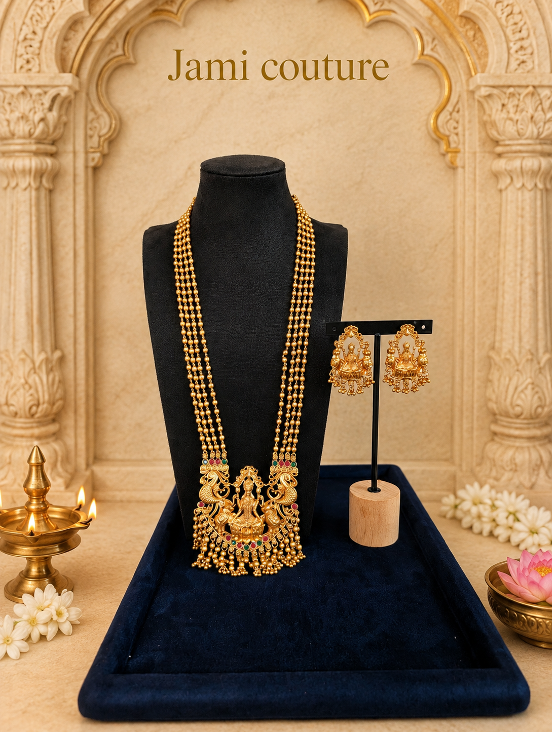 Antique Gold Lakshmi Peacock Multi-Strand Temple Long Haram Set with Gold Bead Drops & Matching Earrings | Traditional Temple Jewelry