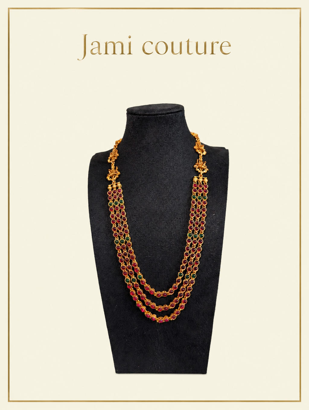 Antique Gold Lakshmi Multi-Strand Kemp Bead Long Haram Set with Jhumka Earrings | Traditional Temple Jewelry