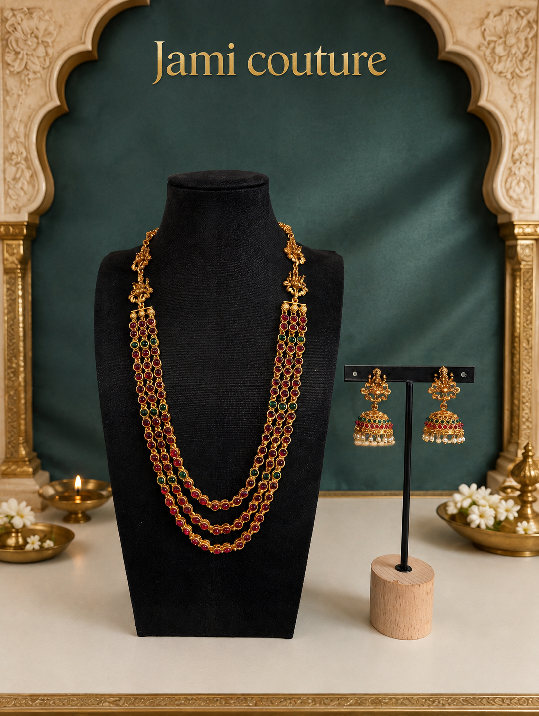 Antique Gold Lakshmi Multi-Strand Kemp Bead Long Haram Set with Jhumka Earrings | Traditional Temple Jewelry