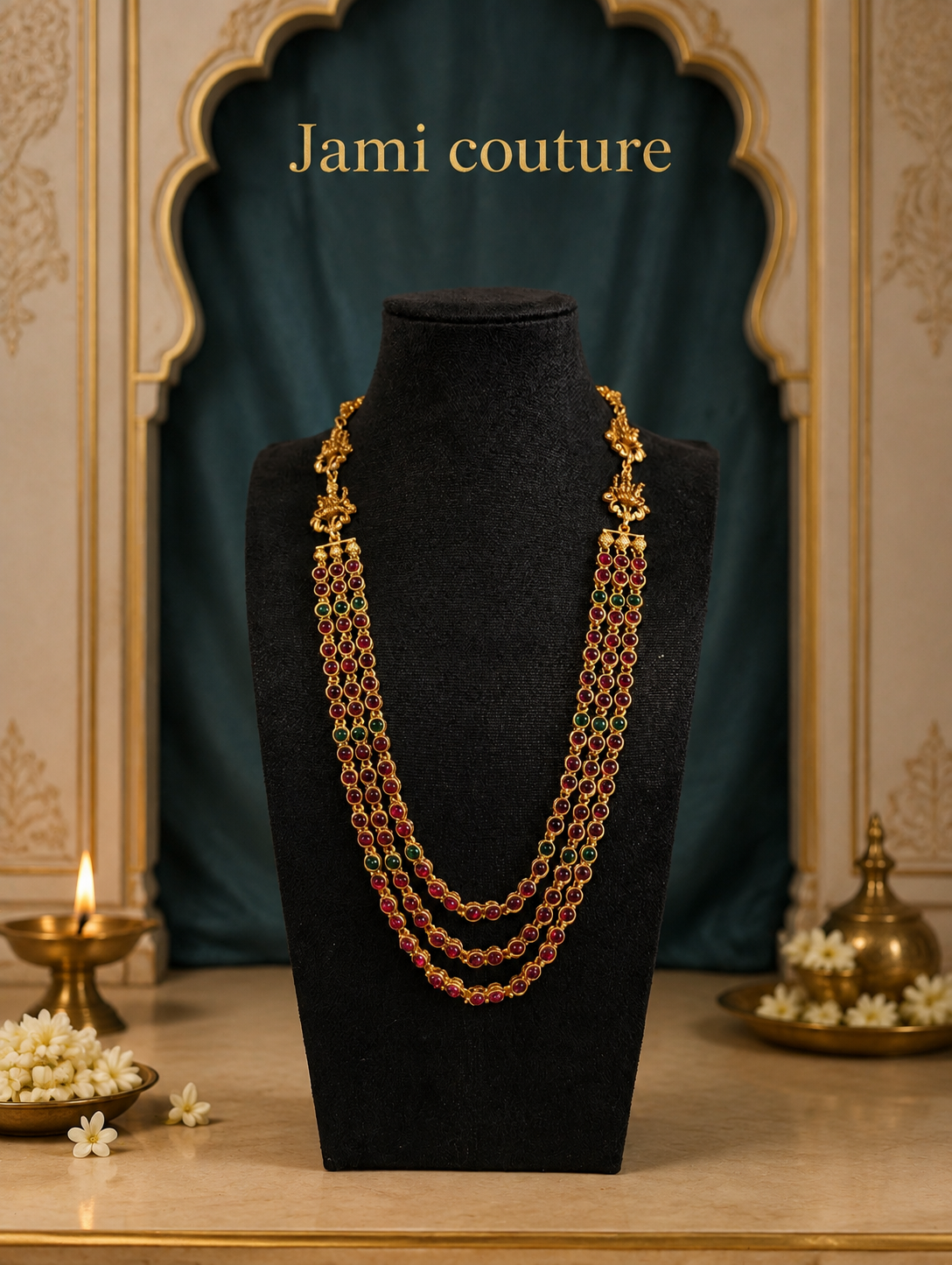Antique Gold Lakshmi Multi-Strand Kemp Bead Long Haram Set with Jhumka Earrings | Traditional Temple Jewelry