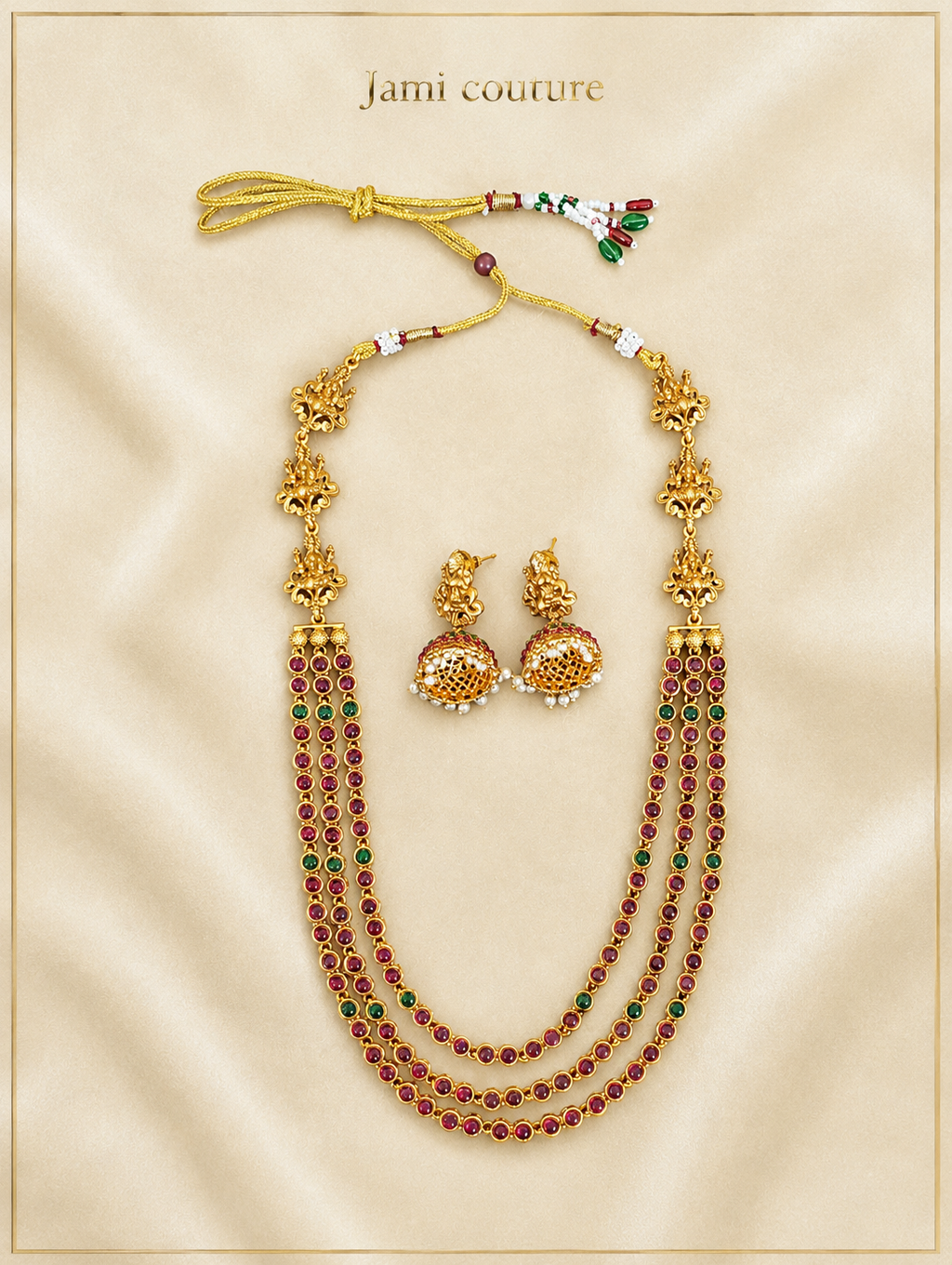 Antique Gold Lakshmi Multi-Strand Kemp Bead Long Haram Set with Jhumka Earrings | Traditional Temple Jewelry