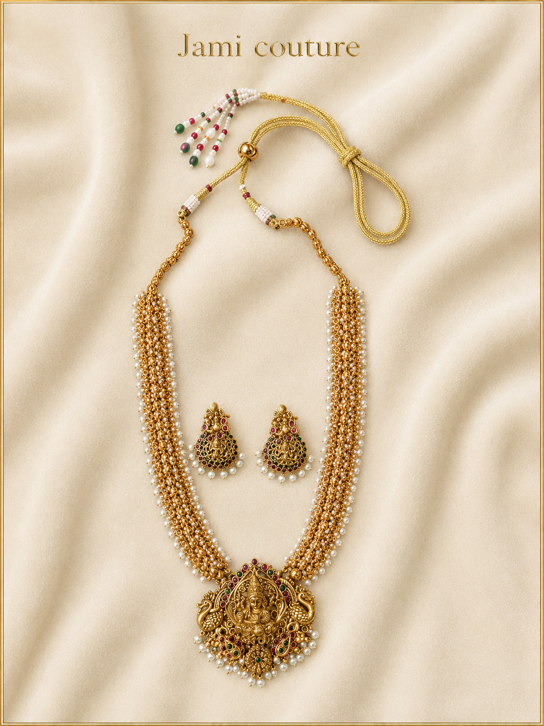 Antique Gold Lakshmi Pearl Cluster Long Haram Set with Ruby & Emerald Pendant & Matching Jhumkas | Traditional Temple Jewelry