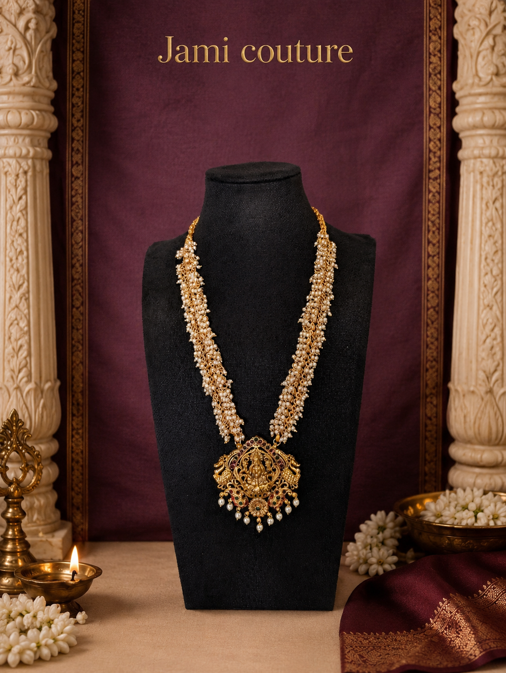 Antique Gold Lakshmi Pearl Cluster Long Haram Set with Ruby & Emerald Pendant & Matching Jhumkas | Traditional Temple Jewelry